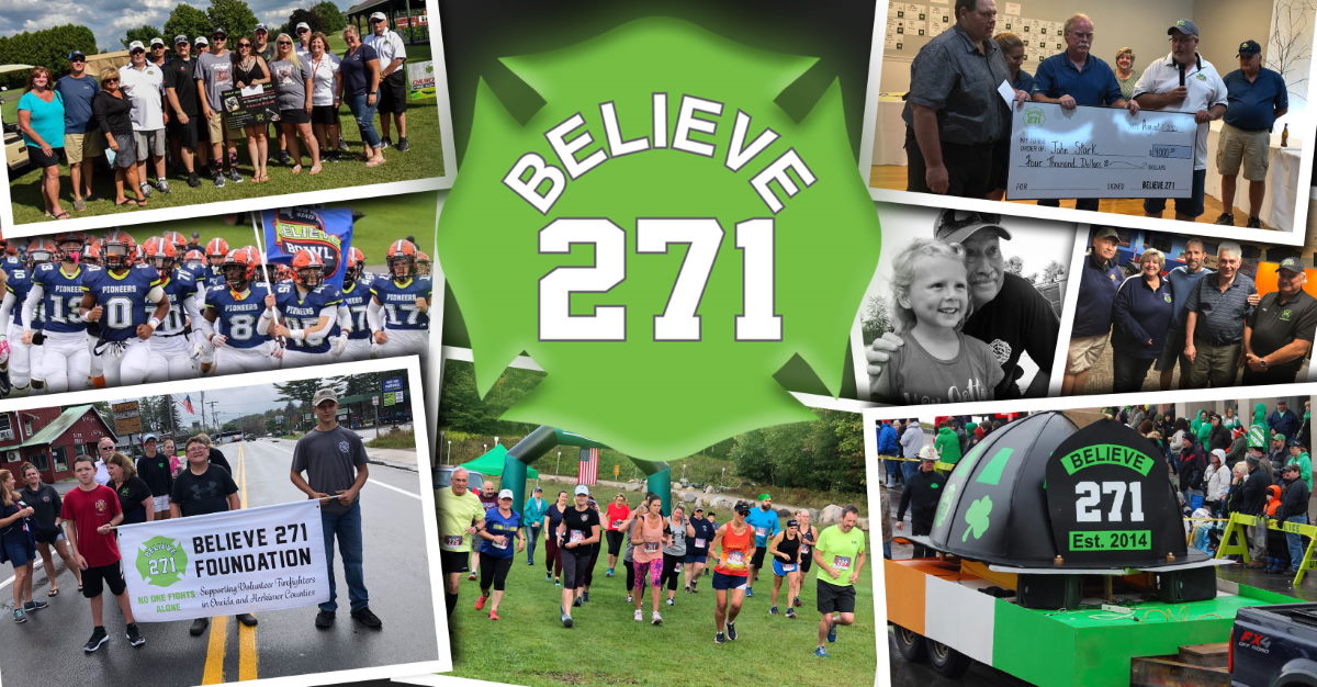 Believe 271 collage of pictures from donations, st. patrick's day parade, believe bowl football and runs.