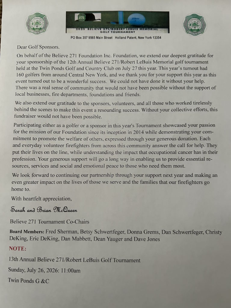 2025 Believe 271/Robert Lebuis Memorial Golf Tournament Thank You